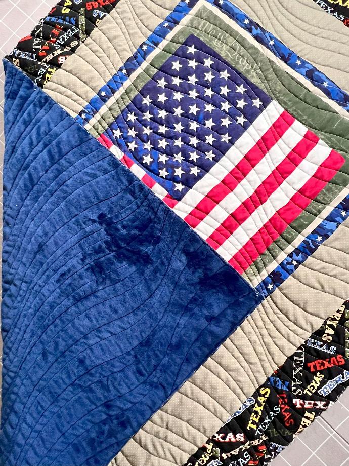 American Flag quilt with navy cuddle on the back