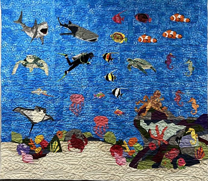 Ocean themed quilt, shark, turtles, fish