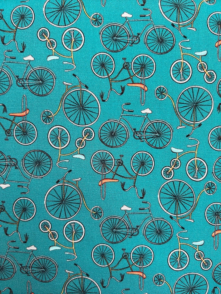 Bicycle Fabric-Teal, Be My Neighbor, Terri Degenkolb, Windham Fabrics
