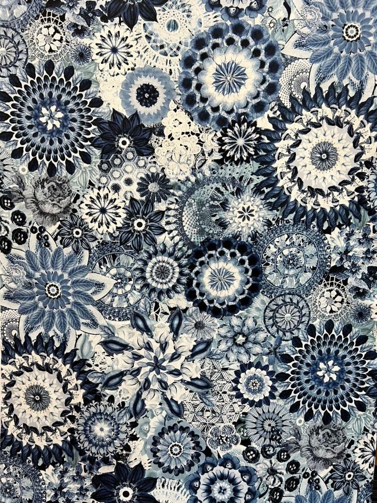 Floral Cotton Wide back, Blue Crochet Flowers by P&B Textiles