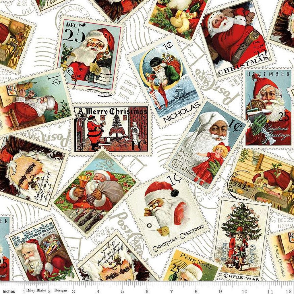 Nicholas Santa Stamps, Christmas Fabric, J. Wecker Frisch, for Riley Blake Designs