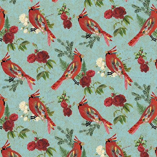 Treasured Cardinal Turquoise , Kelly Rae Roberts, Christmas Fabric, Benartex Fabrics