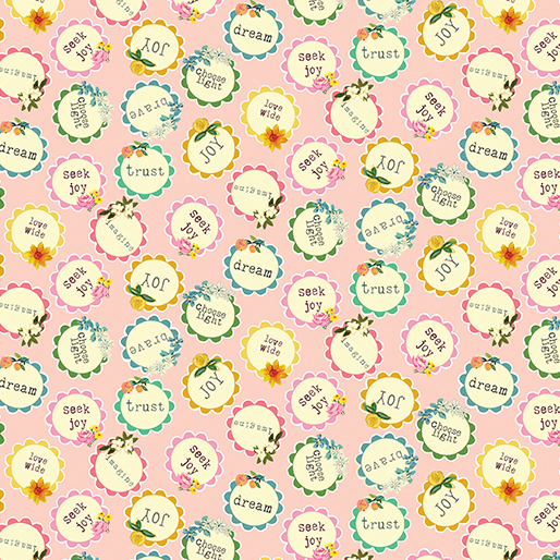 Word Medallion Peach, Floral Fabric, Kelly Rae Roberts Fabric, A Beautiful Life, Benartex Fabrics