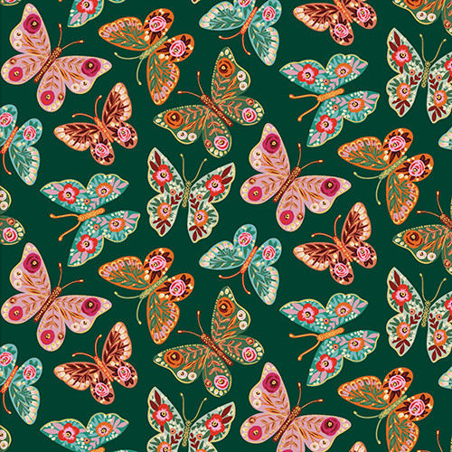 Tossed Butterfly Green, Folk Flora