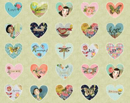 True Hearts Panel Lime/Multi, A Heart Led Life, Kelly Rae Roberts, Benartex Fabrics