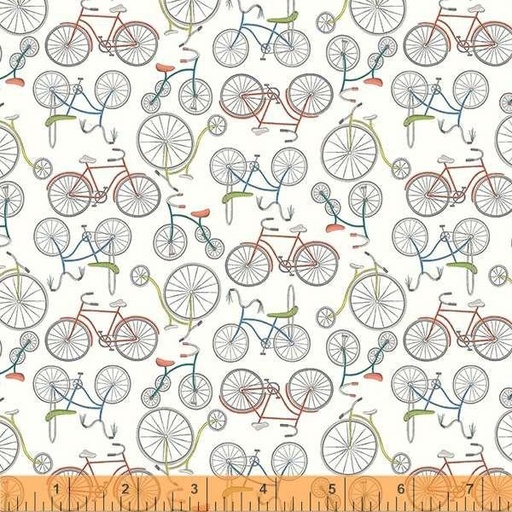 [53162-1, bicycles white] Bicycle Fabric, Be My Neighbor, Terri Degenkolb, Windham Fabrics
