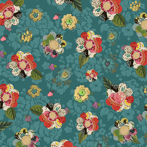 [10347--84 Teal] Collage Floral, Yellow Flowers, Soulshine & Daydreams Fabric, Kelly Rae Roberts, Fabric by the Yard, Benartex