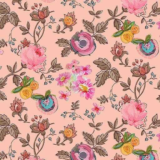 [16020-26 Peach] Floral Cotton, Garden Floral Roses, Kelly Rae Roberts Fabric, A Beautiful Life, Benartex Fabrics