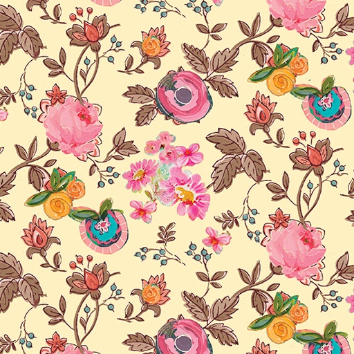 [16020-33 Light Yellow] Floral Cotton, Garden Floral Roses, Kelly Rae Roberts Fabric, A Beautiful Life, Benartex Fabrics
