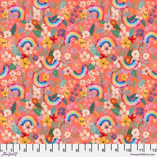 [PWMC028-Coral Rainbow] Rainbows and Flowers Cotton Fabric, Magic Friends, Mia Charro, FreeSpirit Fabrics