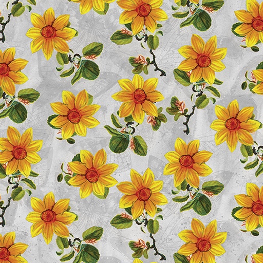 [16021-08 Grey] Sunflower Floral Cotton, Kelly Rae Roberts Fabric, A Beautiful Life, Benartex