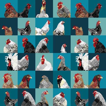 [7185S-78] Collage Chicken Blocks 4-Inch, Zooming Chickens, StudioE Fabric