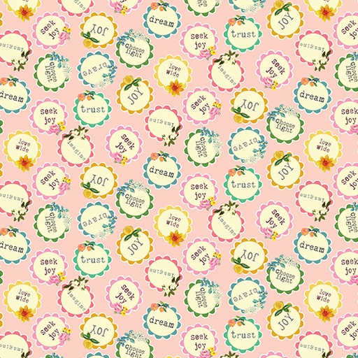 [16023-25 (PEACH)] Word Medallion Peach, Floral Fabric, Kelly Rae Roberts Fabric, A Beautiful Life, Benartex Fabrics