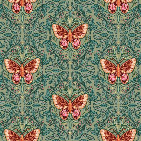 [20827-GRN-CTN-D] Mirrored Butterfly Green, Folk Flora