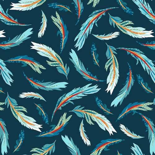 [7186-78 Teal-Red] Teal Stitched Feathers, Zooming Chickens, StudioE Fabrics