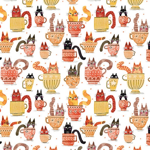 [16347-37] Teacup Cats Orange, Garden Cats, Terry Runyan, Benartex Fabrics