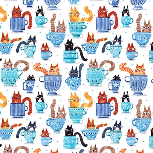 [16347-55] Teacup Cats Blue, Garden Cats, Terry Runyan, Benartex Fabrics