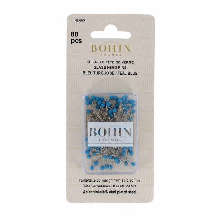 [98853] Glass Head Pins 1- 1/4in (30mm) Teal Blue, Bohin